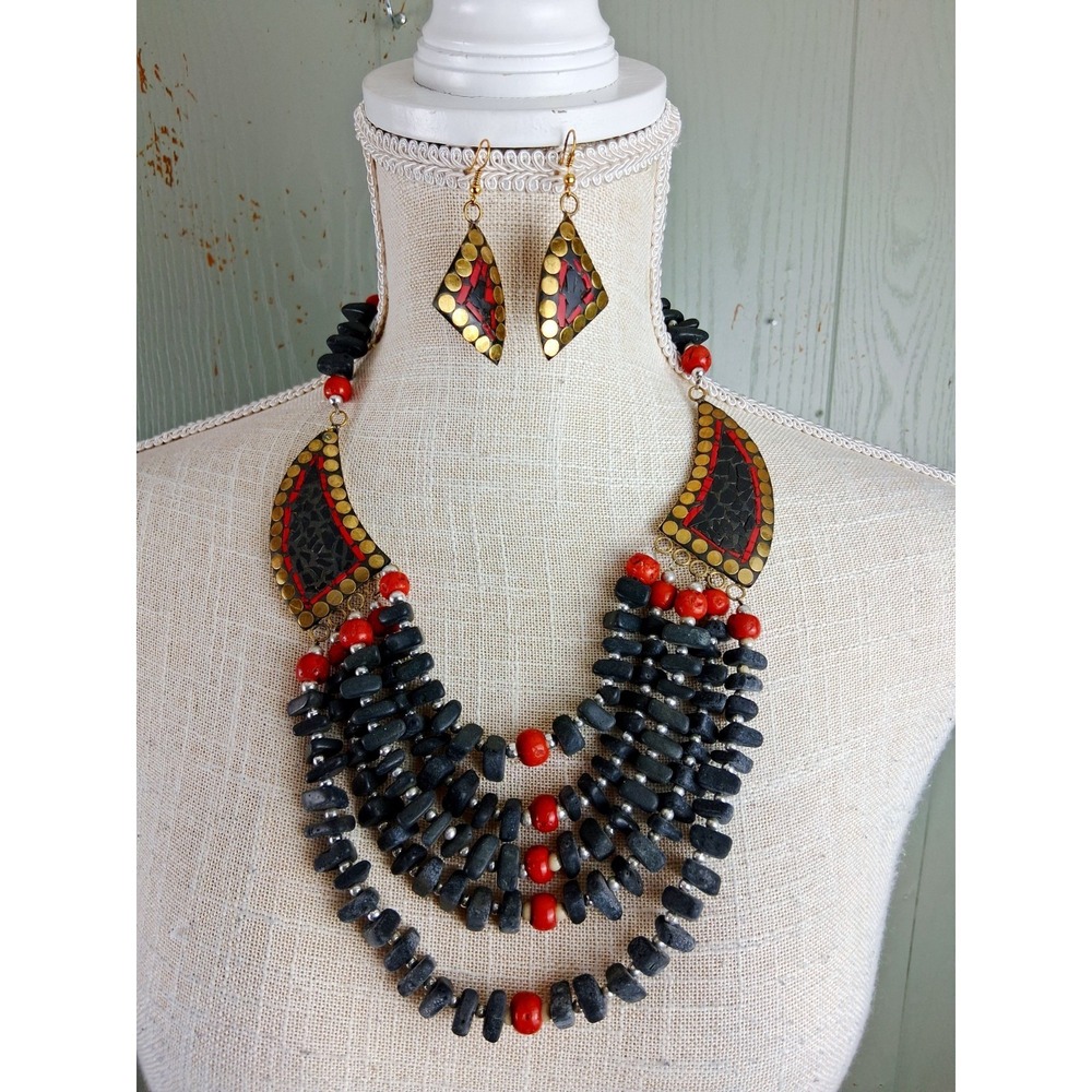 Rare Tribal Necklace Earrings Set Black Red African Inspired Choker Bib Estate
